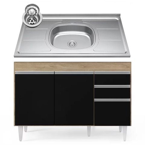 Balcão Gabinete com Pia Inox 120cm Michigan Castanho/preto - Lumil Lumil Móveis