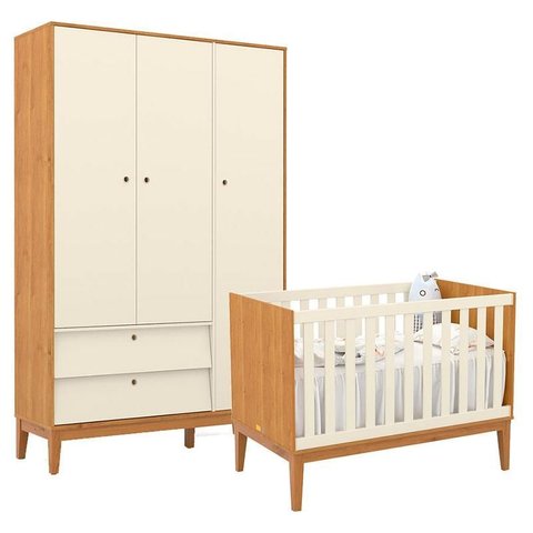Berço Americano e Guarda Roupa Unique 3 Portas Freijó Off White Eco Wood - Matic