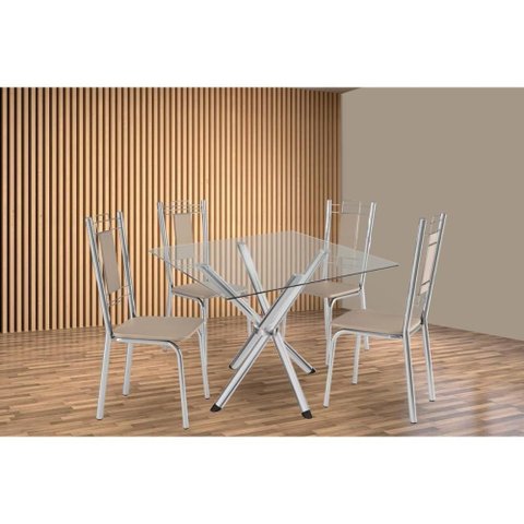 Sala de Jantar Completa Volga C/ Tampo de Vidro 90cm e 4 Cadeiras Florença Cromada - Courano Bege