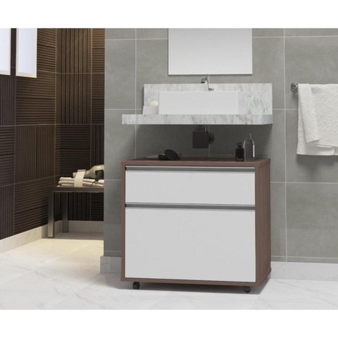 Gabinete para Banheiro com Rodízio 60cm 2 Gavetas Safira Inferior Marrom/Branco
