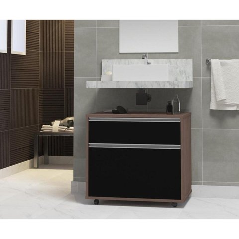 Gabinete para Banheiro com Rodízio 60cm 2 Gavetas Safira Inferior Marrom/Preto