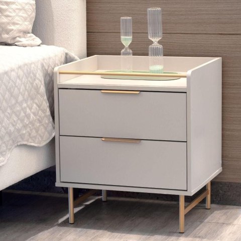 Mesa de Cabeceira com 2 Gavetas Yves 53 Cm Off White Fosco com Dourado