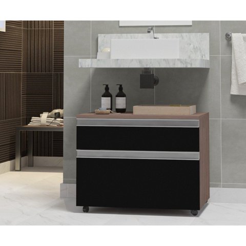 Gabinete para Banheiro com Rodízio 80cm 2 Gavetas Safira Inferior Marrom/Preto