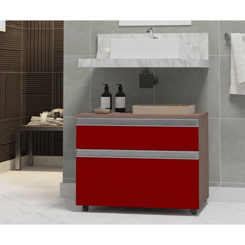 Gabinete para Banheiro com Rodízio 80cm 2 Gavetas Safira Inferior Marrom/Vinho