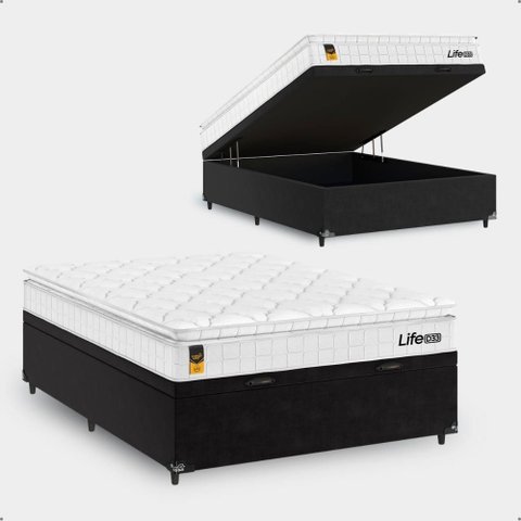 Cama Box Baú Viúva Preto + Colchão Life D33 Pillow Top 61x128x188cm Branco - e-Shop Casa