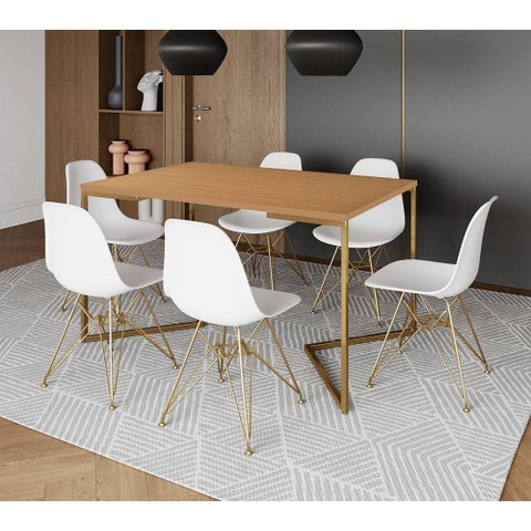 Mesa Jantar Industrial Retangular 137X90Cm Canela Base V Com 6 Cadeiras Brancas Base Do Cor: Canela
