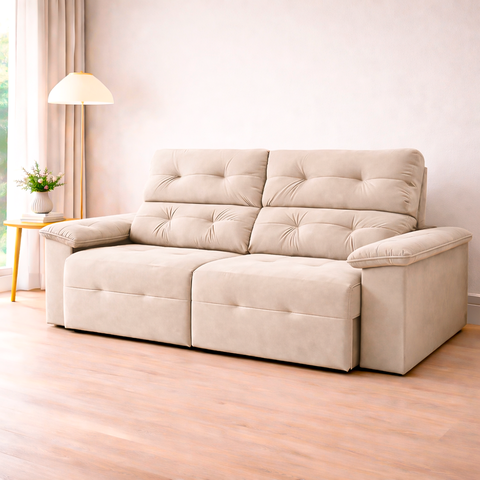 Sofá Retrátil Reclinável 3 Lugares Bulgaria Tecido Suede American Prime 1,90m Espuma D33 Bege