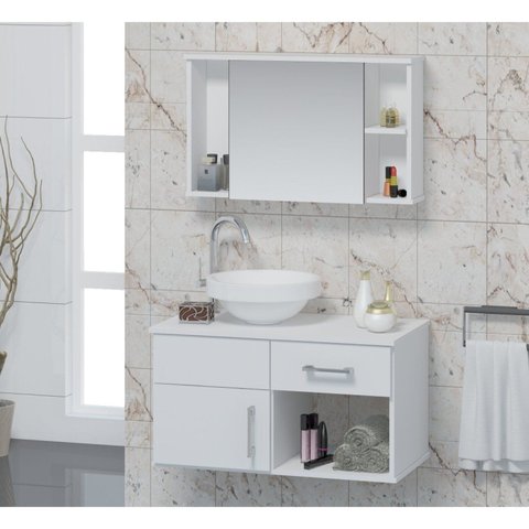 Conjunto Gabinete para Banheiro com Cuba e Espelheira Stilo Branco