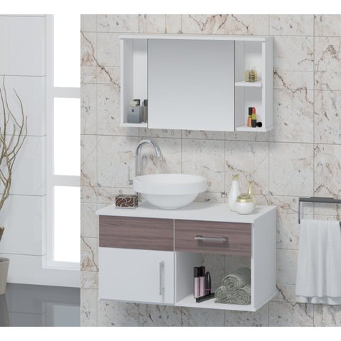 Conjunto Gabinete para Banheiro com Cuba e Espelheira Stilo Branco/Rústico