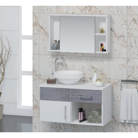 Conjunto Gabinete para Banheiro com Cuba e Espelheira Stilo Branco/Rovere