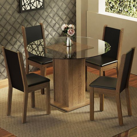 Conjunto Sala de Jantar Madesa Nanda Mesa Tampo de Vidro Redondo 4 Cadeiras - Rustic/preto