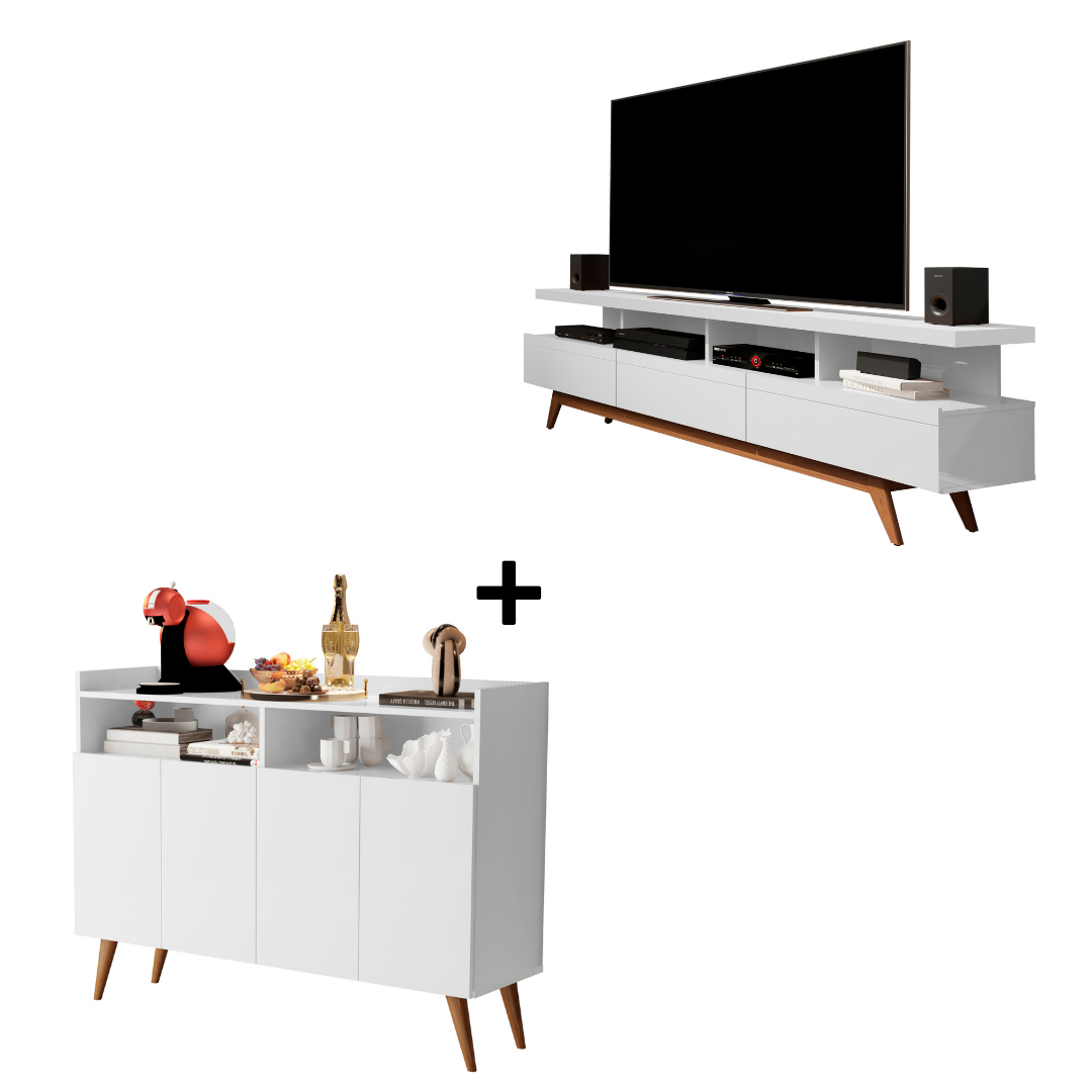 Combo Rack para Sala Vivare Wood 1.8 e Buffet Wind 4 Portas:Branco