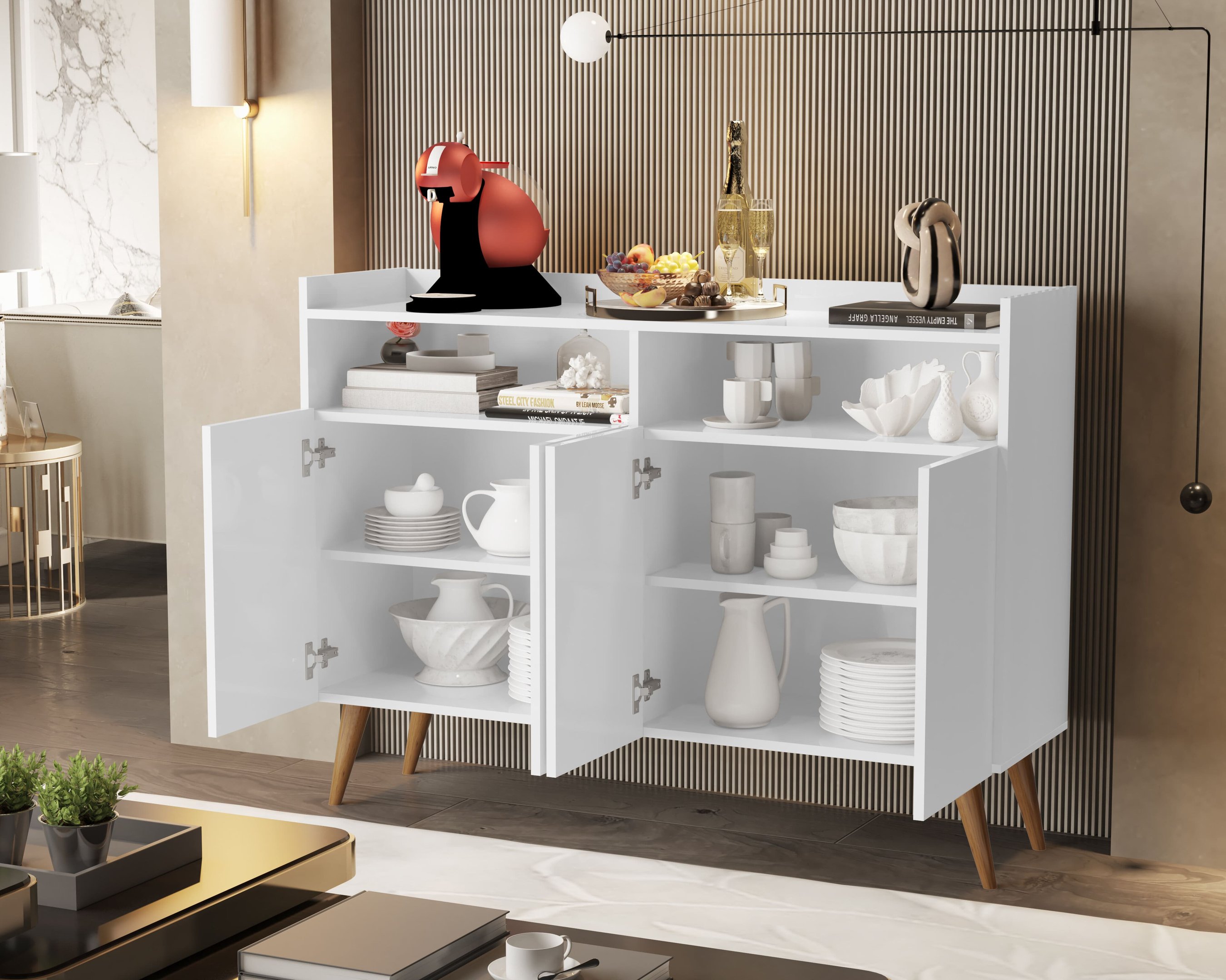 Combo Rack para Sala Vivare Wood 1.8 e Buffet Wind 4 Portas:Branco - 4