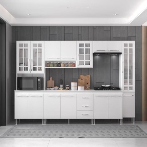 Armário de Cozinha Modulada Completa Viena 15 Portas 3 Gavetas 295cm Branco Fidelita Móveis