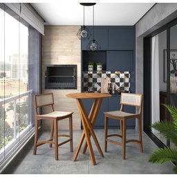 Conjunto Bistro Caribe com 2 Banquetas Karina Pés em Madeira Maciça Premium Sacada Pub Cor Bege - 2
