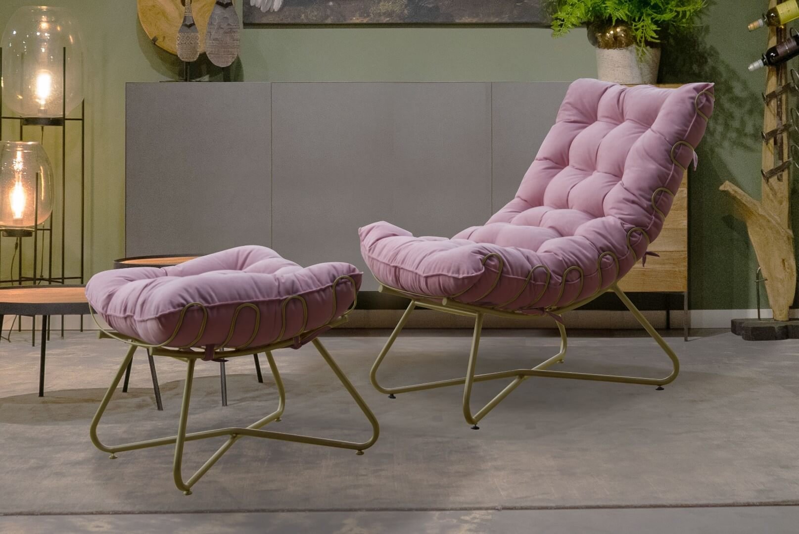 Poltrona Costela Decorativa e Puff EVA Dourado - Suede Rose - 2