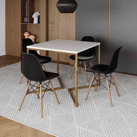 Mesa Jantar Industrial Quadrada 90Cm Branca Base V Dourada Com 4 Cadeiras Madeira Preta Cor: Branco