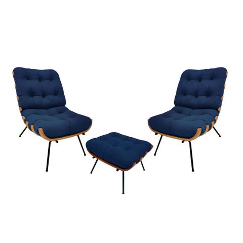 Kit 02 Poltronas e 01 Puff Costela Suede Azul Marinho
