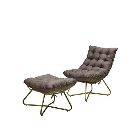 Poltrona Costela com Puff Eva Base Metal Dourado -linho Marrom