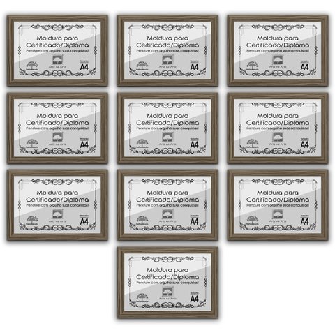 Kit 10 Certificados Diplomas A4 com Tela de Acetato e MDF - Moldura Madeira