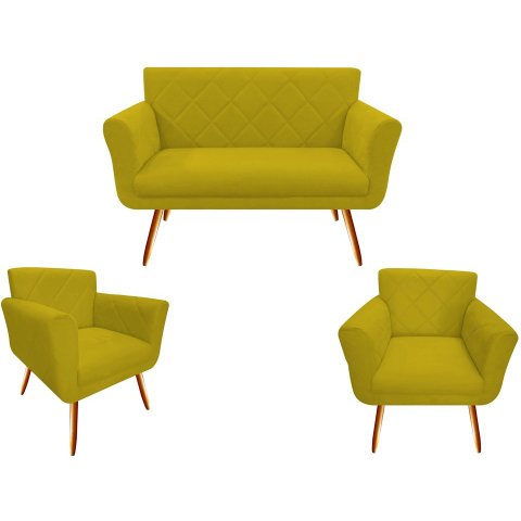Kit Namoradeira + 2 Poltronas Decorativa Sabrina Couro Amarelo Pés Madeira Ms Decor