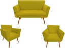 Ver imagem 1 de Kit Namoradeira + 2 Poltronas Decorativa Sabrina Couro Amarelo Pés Madeira Ms Decor
