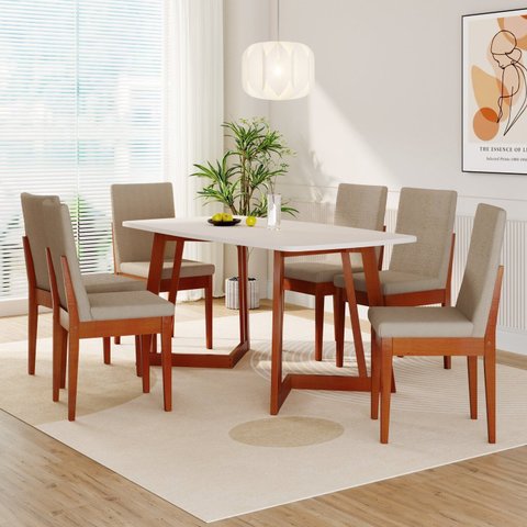 Conjunto Sala de Jantar Califórnia 6 Lugares Retangular Madeira Maciça Dakota Off White Caramelo/Camurça/Off