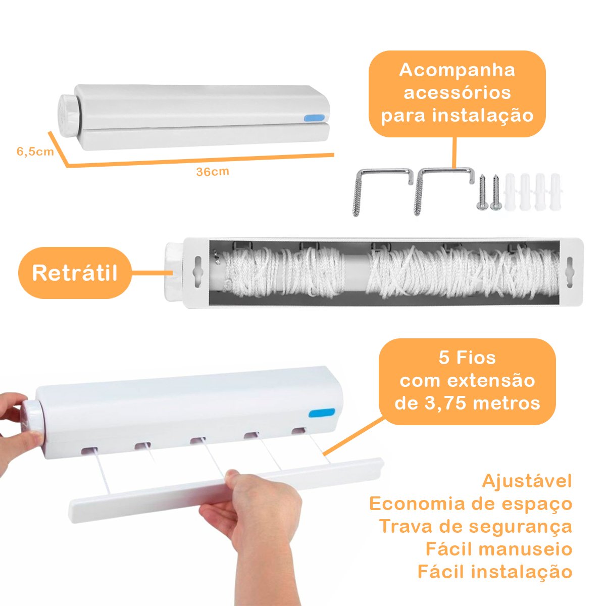 Varal Ajustável de Plástico com 5 Cordas Retráteis - 2