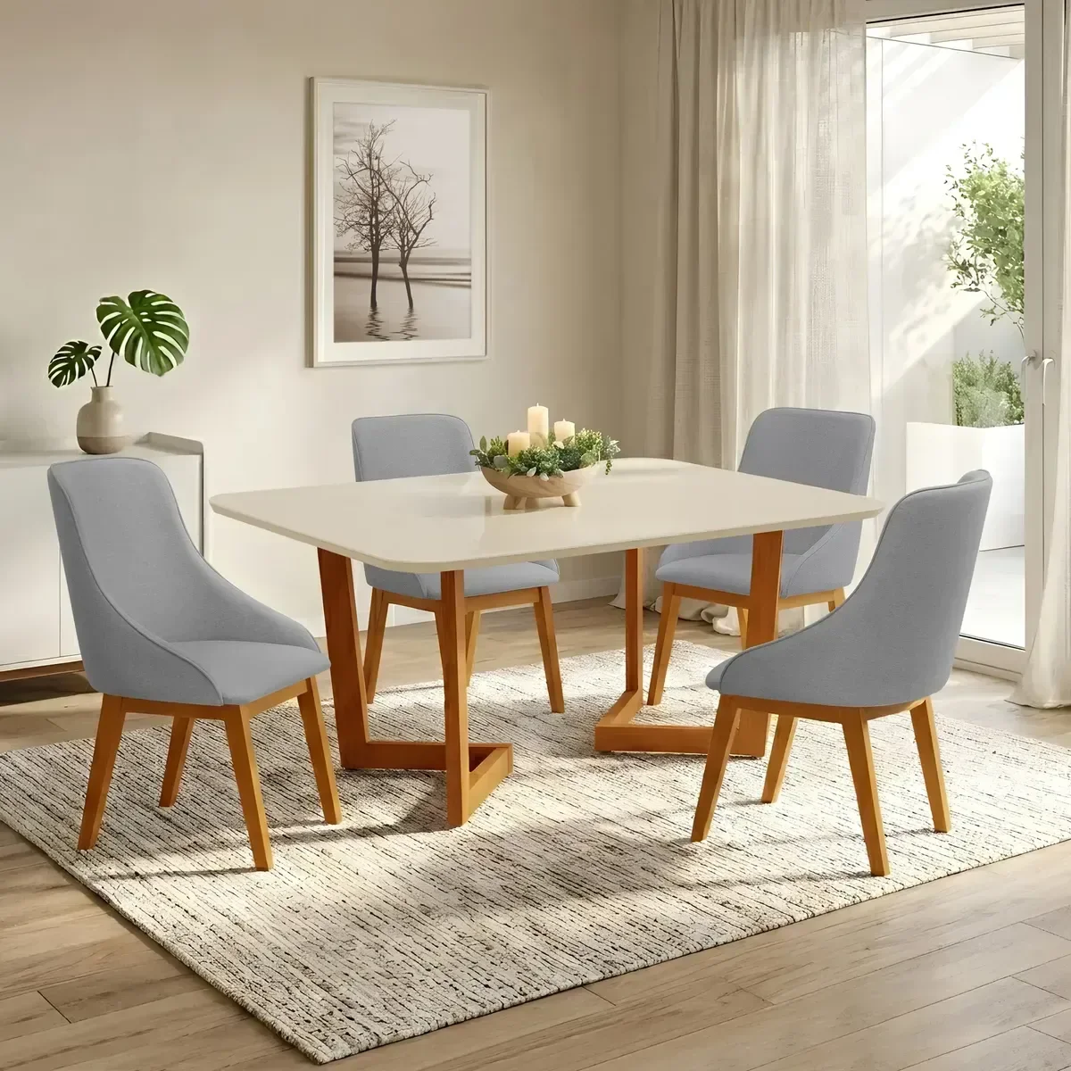 Conjunto Mesa Jantar 1,20m Off-White 4 Cadeira Verona Linho Cinza Luxo