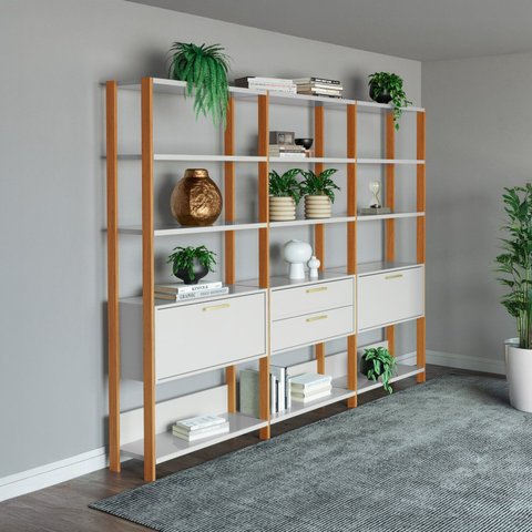 Estante de Livros 100% MDF 216CMX185CM Estantes 3 Unidades Dalla Branco/Freijó/Off White