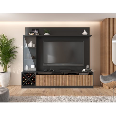 Rack com Painel Ripado para TV até 60 Polegadas 200CMX149,5cm Impressão Adega e Cristaleira Capri Cinza