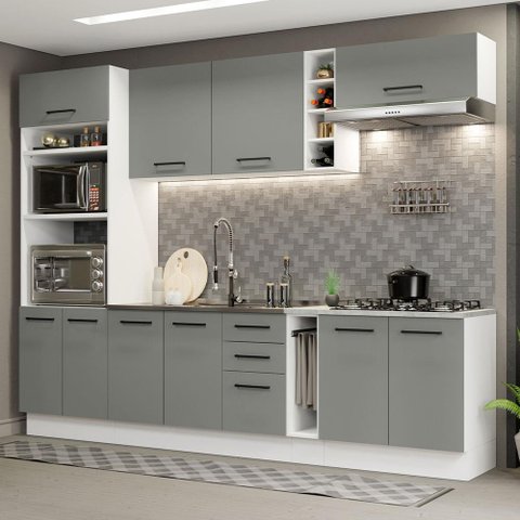 Armário de Cozinha Completa 290cm Branco Cinza Agata Madesa 05