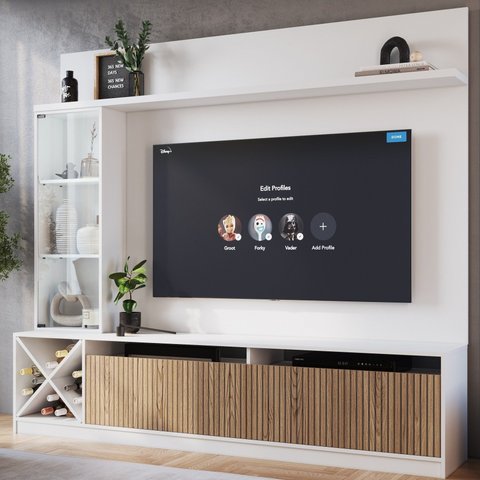 Rack com Painel Ripado para TV até 50 Polegadas 160CMX149,5cm Impressão Adega e Cristaleira Turim Branco