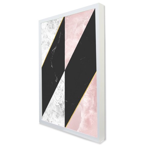 Quadro Decorativo Caixa Geométrico Mármore Rosa e Preto Tacolado Moldura Caixa 3cm Madeira com Vidro