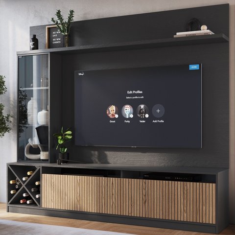 Rack com Painel Ripado para TV até 50 Polegadas 160CMX149,5cm Impressão Adega e Cristaleira Turim Cinza