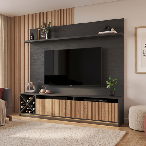 Rack com Painel para TV até 50 Polegadas 160CMX149,5cm Impressão Ripada e 2 Portas Adega Roma Preto
