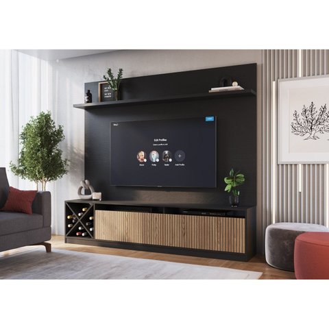 Rack com Painel para TV até 50 Polegadas 160CMX149,5cm Impressão Ripada e 2 Portas Adega Roma Preto