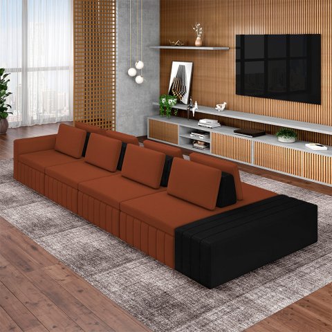 Sofá Ilha com Encosto e Almofadas Móveis Olimpo 505cm Modulado Linho/pu Terracota/preto G45 - Gran B