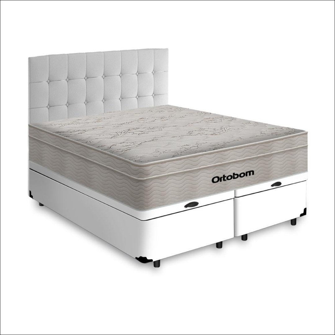 Cama Box Baú Queen Ortobom Airtech Springpocket com Cabeceira Cassis 158x198x72cm Branco