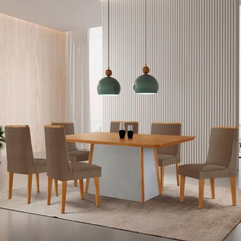 Mesa de Jantar Diane 180cm Tampo MDF Lam 6 Cadeiras Lisboa Moderna Veludo Capuccino Naturale Off