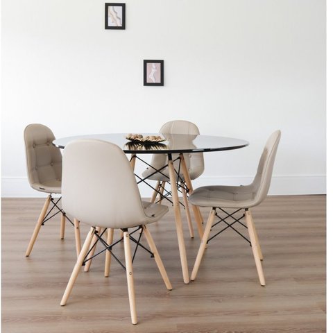 Conjunto Sala de Jantar Mesa Eiffel Redonda 120cm Tampo MDF com 4 Cadeiras Eiffel Botonê Bege