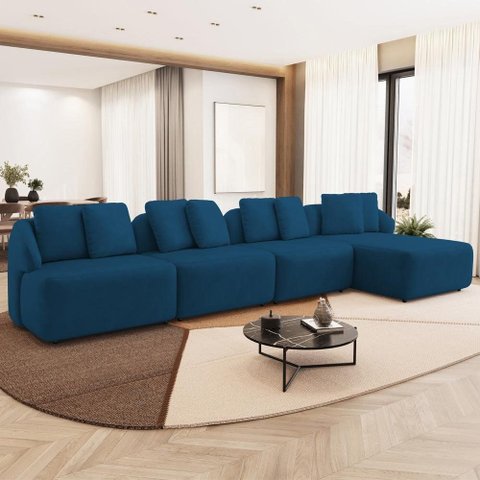 Sofá 5 Lugares com Chaise Direito Sala Living 388cm Arlo F04 Veludo Azul Marinho - Lyam Decor