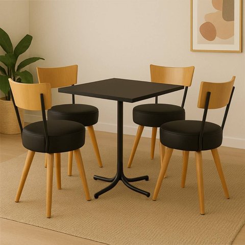 Conjunto Mesa de Jantar Quadrada Preta com 4 Cadeiras Estofada Preta Encosto Madeira Urban