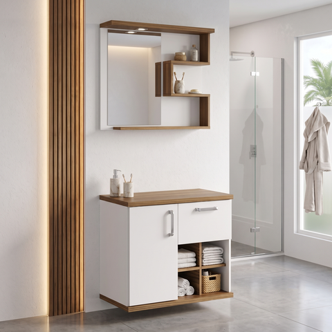 Gabinete para Banheiro com Espelheira Veneza Branco/Nogal