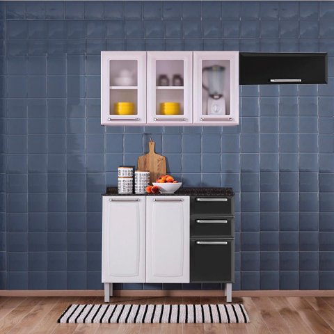 Cozinha Itatiaia Luce 7 Portas com Balcão 2 Gavetas Preto e Armários Aéreos 3 Vidros Branco /