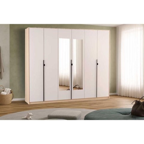 Guarda Roupa Casal 6 Portas (2 C/ Espelho) e 4 Gavetas Ph 1807 Carvalho Nature/off White - Herval
