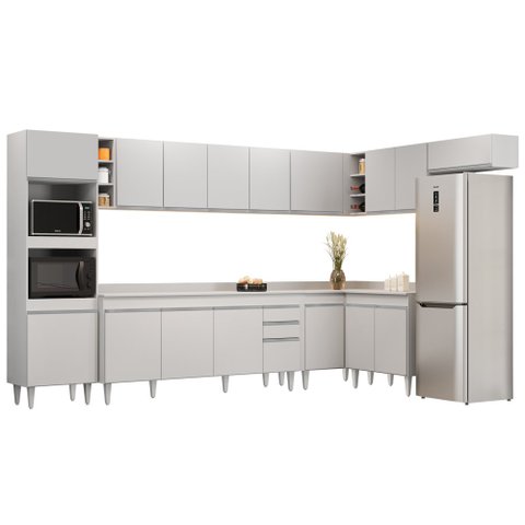 Armário de Cozinha Modulada de Canto 9 Peças CP05 Balcão com Tampo Branco - Lumil Lumil Móveis