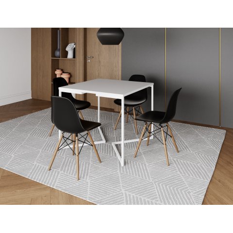 Mesa Industrial Base Ferro Branco em V Tampo 90x90 Branco 4 Cadeiras Eames Madeira Assento Preto