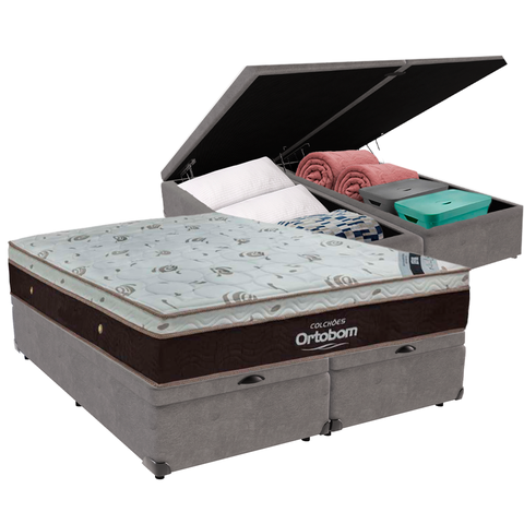 Cama Box Baú Bipartido Casal Cinza e Colchão Sleep King Molas Ensacadas Ortobom