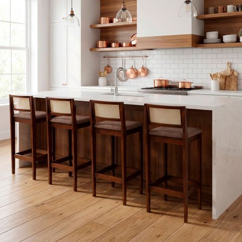 Kit 4 Banquetas Madeira Imbuia Cozinha Encosto Palha Rattan:Imbuia com Linho Marrom